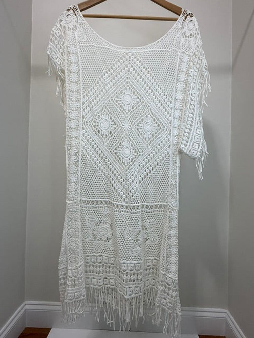 CUPSHE White Crochet Embroidered Fringe Swim Cover Up One Size